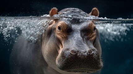 Fototapeta premium Partially submerged hippo head emerges in clear water, showcasing its powerful presence and keen eyes in a serene aquatic setting