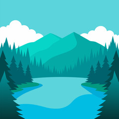 Forest lined lake turquoise ripples vector natural landscape background.