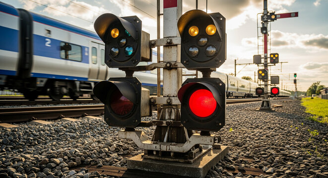 Red Light on a Railway Signal Tower with a Train Passing.
A close-up, low-angle shot of a railway signal, prominently displaying a red light, indicating a stop
