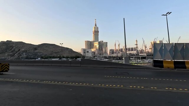 Distant View of Makkah Clock Tower from Car &ndash; Abraj Al Bait Skyline, Saudi Arabia