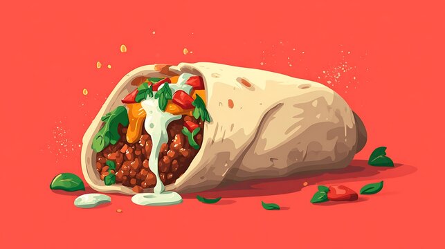 Delicious burrito illustration with meat cheese vegetables and sauce on a red background close up view - Powered by Adobe