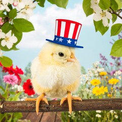 Cute chick in American flag hat, springtime garden