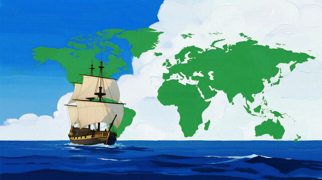 Columbus Day Majestic sailing ship navigates vibrant blue ocean waters against a backdrop of a stylized world map, evoking a sense of global exploration and adventure.