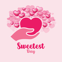 Sweetest Day poster vector illustration. Hand giving heart love icon. Hand and many pink hearts icon vector. Charity and kindness symbol. Template for background, banner, card. In October