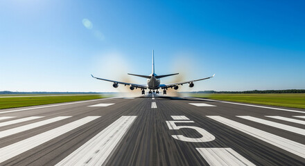 Commercial Passenger Jet Landing on a Runway, Rear View
A stunning, low-angle shot from behind a large passenger jet as it makes a perfect landing. The plane's wheels have just touched the runway
