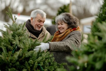 Fototapeta premium Senior couple buy a big fresh pine tree at pine tree farm together christmas clothing outdoors.