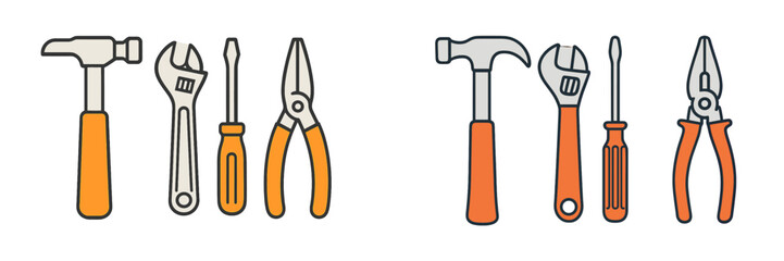 Essential hand tools set including hammer, adjustable wrench, screwdriver, and pliers for various repair tasks and home improvement projects