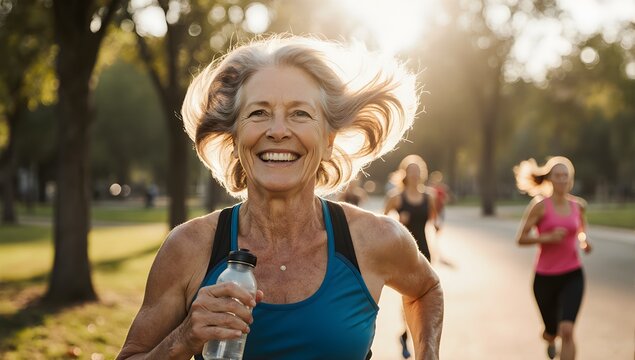 Smiling senior woman running in city park