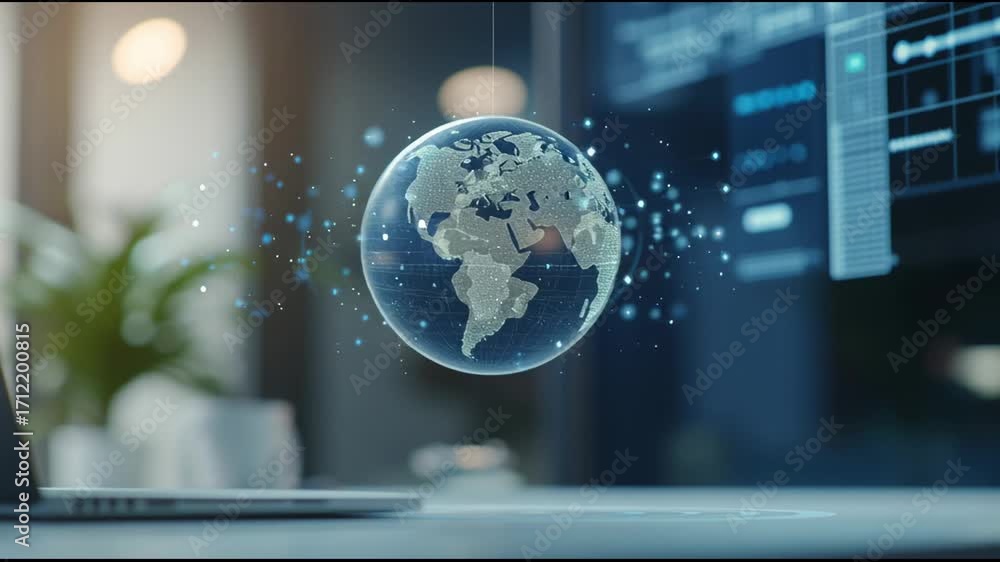 Poster digital globe rotating slowly in a modern office environment, with data streams flowing around, sugg