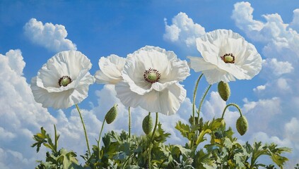 White poppies stand tall against a bright blue sky with fluffy clouds