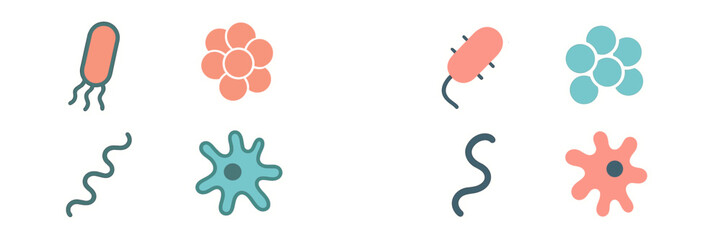 Colorful set of diverse microscopic organisms, bacteria, and cell shapes for biology, science, and health concepts