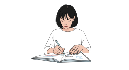 A young woman with dark hair is writing in a notebook, focused on the task at hand.