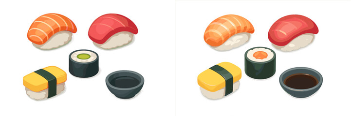Variety of popular Japanese sushi nigiri and maki rolls featuring salmon tuna tamago and cucumber with soy sauce © icon_art