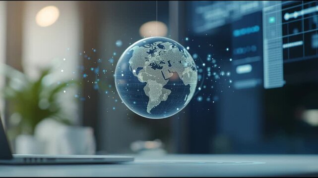 Digital globe rotating slowly in a modern office environment, with data streams flowing around, suggesting global communication and data analysis - Powered by Adobe