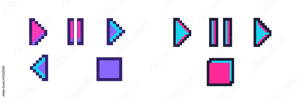 Poster vibrant pixelated media player control buttons and navigation icons for digital interfaces