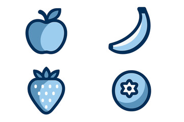 Collection of fresh fruit icons: apple, banana, strawberry, and blueberry for healthy eating concepts