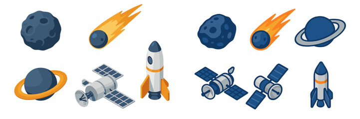 Collection of various isometric space objects including rockets, communication satellites, ringed planets, asteroids, and fiery meteors in a cosmic setting