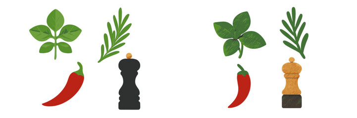 Fresh green herbs including basil and rosemary, vibrant red chili peppers, and classic spice grinders for culinary preparation