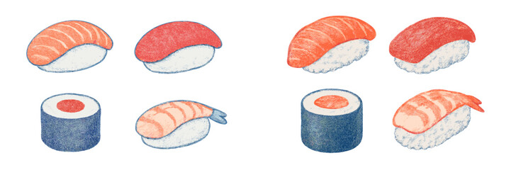 Assortment of fresh Japanese sushi and maki rolls with salmon, tuna, and shrimp nigiri on a white background © icon_art