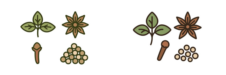 Assortment of aromatic culinary ingredients, fresh green leaves, star anise, cloves, and peppercorns for cooking