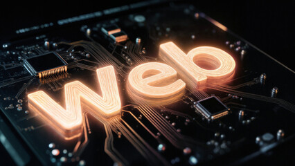 Fototapeta premium Glowing neon web typography on futuristic circuit board digital background technology design