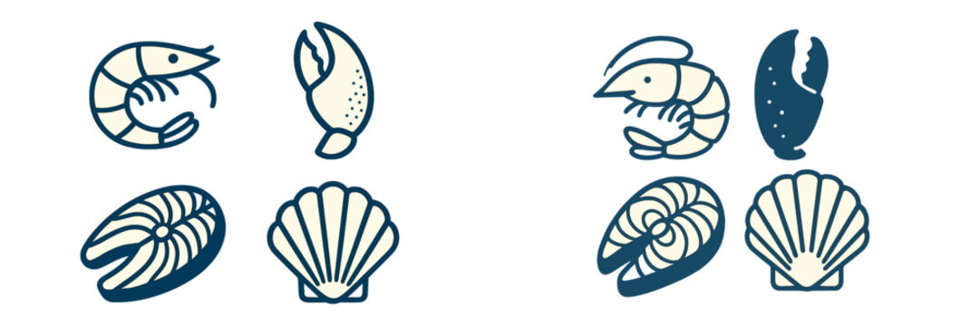 Collection of stylized seafood icons featuring shrimp, crab claw, salmon steak, and scallop shell in a clean, modern design