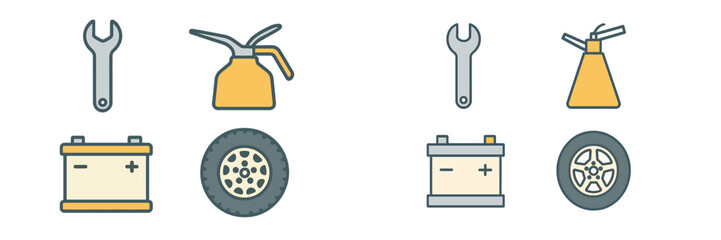 Automotive service tools and car parts including wrench, oil can, battery, and wheel for vehicle maintenance