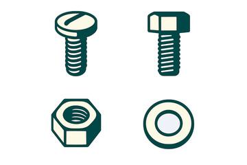 Industrial hardware elements: threaded screw, hexagonal bolt, matching nut, and flat washer for mechanical assembly