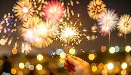 Hand holding sparkler against fireworks