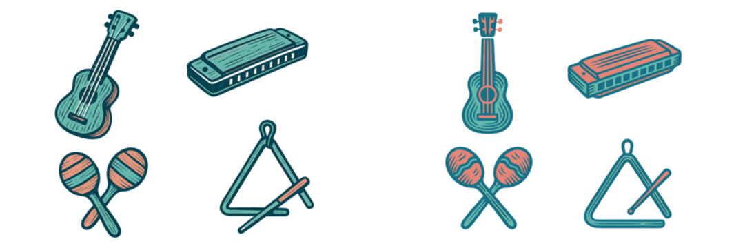 Stylized musical instrument set with ukuleles, harmonicas, maracas, and triangles for music themes