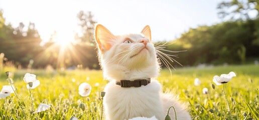 Golden Sunlight Bathes a Curious Cat in a Meadow of Flowers