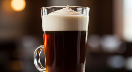 Classic Irish Coffee with a Layer of Creamy Whipped Topping in a Glass Mug
A close-up, eye-level shot of a classic Irish coffee, served in a clear glass mug. The dark coffee is perfectly 
