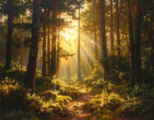 Fototapeta premium Golden sunlight streams through a tranquil forest, illuminating a pathway lined with tall pine trees.