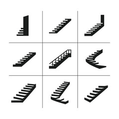 Naklejka premium Nine black silhouette icons of various staircases on a white background stairs