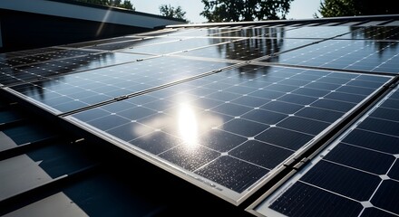 Solar panels installed on a rooftop reflecting sunlight, showcasing renewable energy technology
