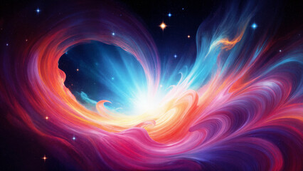 Fototapeta premium Abstract cosmic explosion of colorful swirling nebula energy in outer space forming heart shape