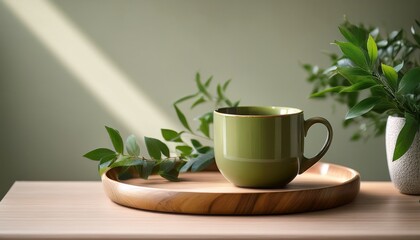 Fototapeta premium olive green ceramic mug on wooden tray with greenery minimalist morning coffee