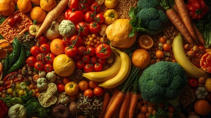 Colorful assortment of fresh fruits and vegetables including oranges, tomatoes, peppers, bananas, broccoli, and carrots arranged in a vibrant display.