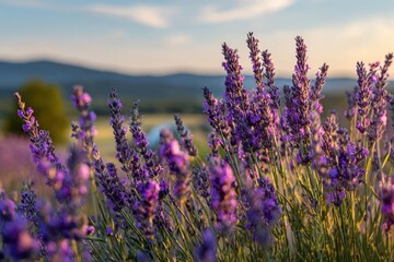 Obraz premium Close-up lavender field at sunset, mountains in background