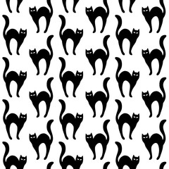 Black cats silhouettes. Seamless pattern on transparent background, vector flat illustration.