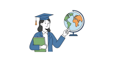 A woman in a graduation cap points to a globe, symbolizing global education and exploration.