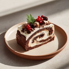 Chocolate roll cake with creamy filling, topped with fresh berries and nuts, elegantly presented on a rustic plate, showcasing delicious dessert artistry and culinary craftsmanship