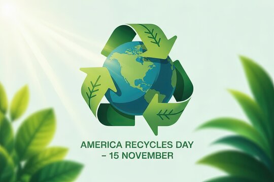 Eco-friendly flat design, green recycling arrows forming a globe, leaves and clean earth background, text ‘America Recycles Day – 15 November’