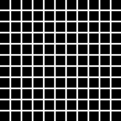 Classic Hermann Grid illusion with black squares and white lines creating ghostly gray spots at intersections. A well-known visual perception effect in psychology and optical art. Squared pattern.