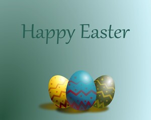 Happy Easter greeting card with colorful decorated eggs on green background – festive holiday illustration.