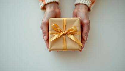 Gold wrapped gift box with satin ribbon held in hands expressing gratitude and celebration