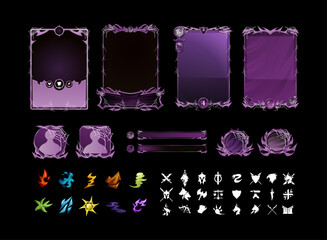 Set of Fantasy Horror Halloween Trading Card Game Templates — Scary TCG Collection with Flag, Button, Frame, Banner, Class Role, and Element Icon Decorations