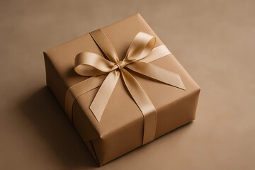 A gift wrapped in eco-friendly kraft paper and tied with ribbon