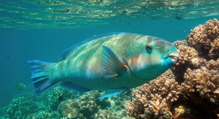 Fototapeta premium Underwater shot of parrotfish swimming near coral reef in ocean