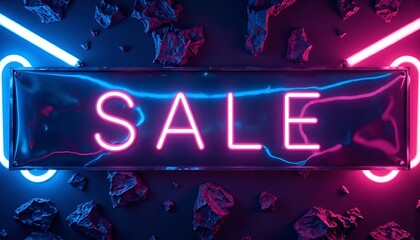 Neon "SALE" sign with cutting-edge blue and pink light on 3D stone background
